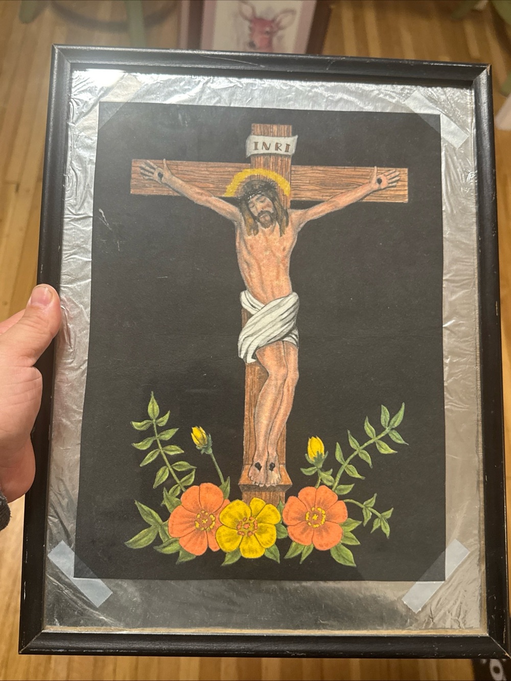 Vintage Tri-Chem Liquid Embroidery Framed Art Jesus Crucifixion Black Velvet 70s